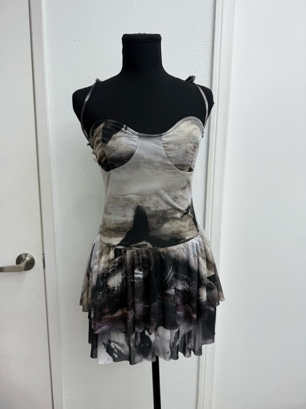 Gray Abstract Print Spaghetti Strap Mini Dress